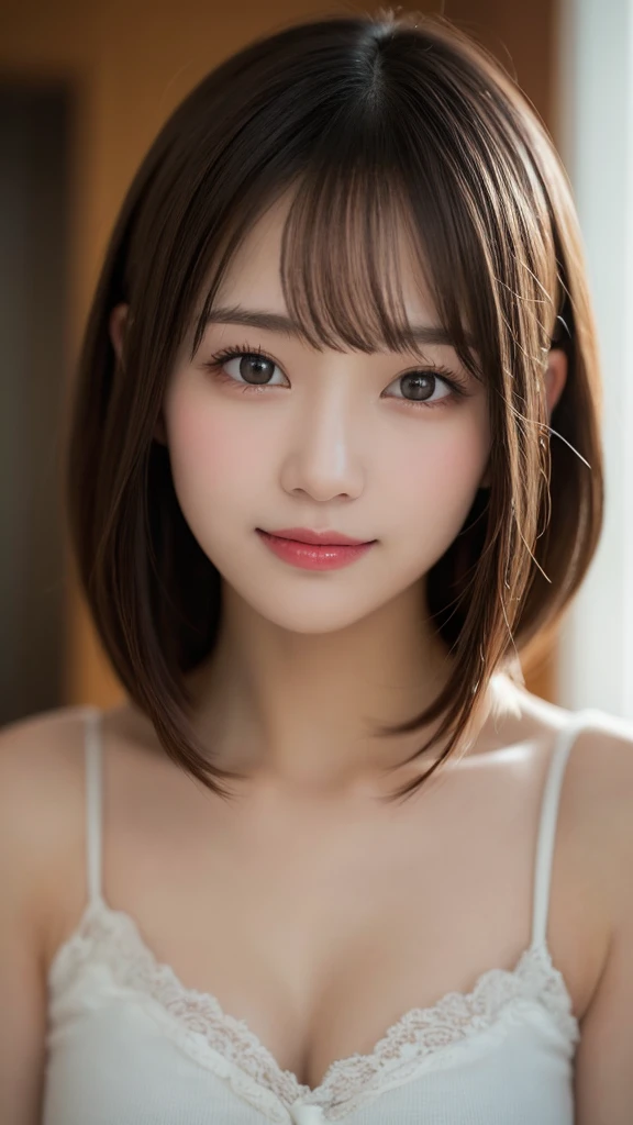 Tabletop, Highest quality, shape, Very detailed, finely, High resolution, 8k wallpaper, 完璧なダイナミックな構shape, Beautiful and exquisite,ランダムなcute髪,,Natural color lip, Bold sexy pose,smile、20-year-old girl、cute、Looking into the camera,Always blur the background,Perfect and beautiful face,Slim face and figure,Big eyes、Putting on gal makeup,Small face,Shooting from below、Blurred Background,Elegant feminine face、smile、Actual Photos、Loritach、Actual photo、RAW Photos、Real human skin,finely描かれた肌:1,4、Transparency