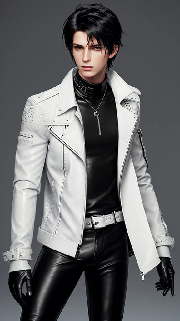 Final fantasy taste and reality graphics, Japanese young cute and cool ikemen boy, his age is early 20s, thin eyebrows and beady eyes, ((he wearing off white color leather thick material jacket)), ((jacket is singlebrest)), biker style jacket, with epaulet, jacket is long sleeve, ((must close the front of the leather jacket)), , ((voluminous leather jacket)), ,((must jacket is high length and stand-up collar)) ((jacket collar with two belts)), ((jacket is a little black color line pattern)),((close the front of the jacket)), ((also wearing black thick material turtleneck lackluster shirts)), ((tight black leather pants)), ((must black leather tight and thin glove)), ((black leather knee-high raceup boots)),((must views head-to-toe)),((must views whole body)), ,((Do not show skin from the neck down)),leather jacket leather glove and leather pants have few wrinkles,boy in the prison room, Avoid showing your innerwear,zip up jacket fastner.
Boy touching owns private parts with right hand.
Bous face is expression of ecstasy.
Boy is black hair.boy looks like fashion model.