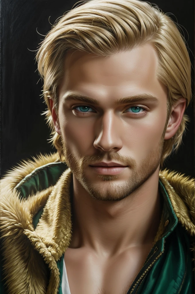 Realistic oil painting. a handsome russian man with blonde hair, green eyes, clear skin, He has a black king's suit and a crown, is sitting on a golden throne, in the background a window with black curtains, It's cloudy and it's also raining, it is illuminated at night, Digital art, has a cold look