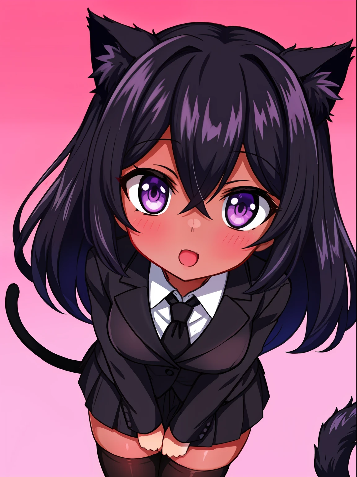 An elegant and sophisticated teacher playfully dresses up as an office lady in black stockings, Anime style portrait of a sexy, african baby, com Jet-black Hair, purples eyes, darkskin, black cat ears, 1 tail, perfect composition, 超detailded, 8k, high qualiy, perfects eyes, trending art, trend on artstation, sharp focus, studio photo, details Intricate, by tite kubo
