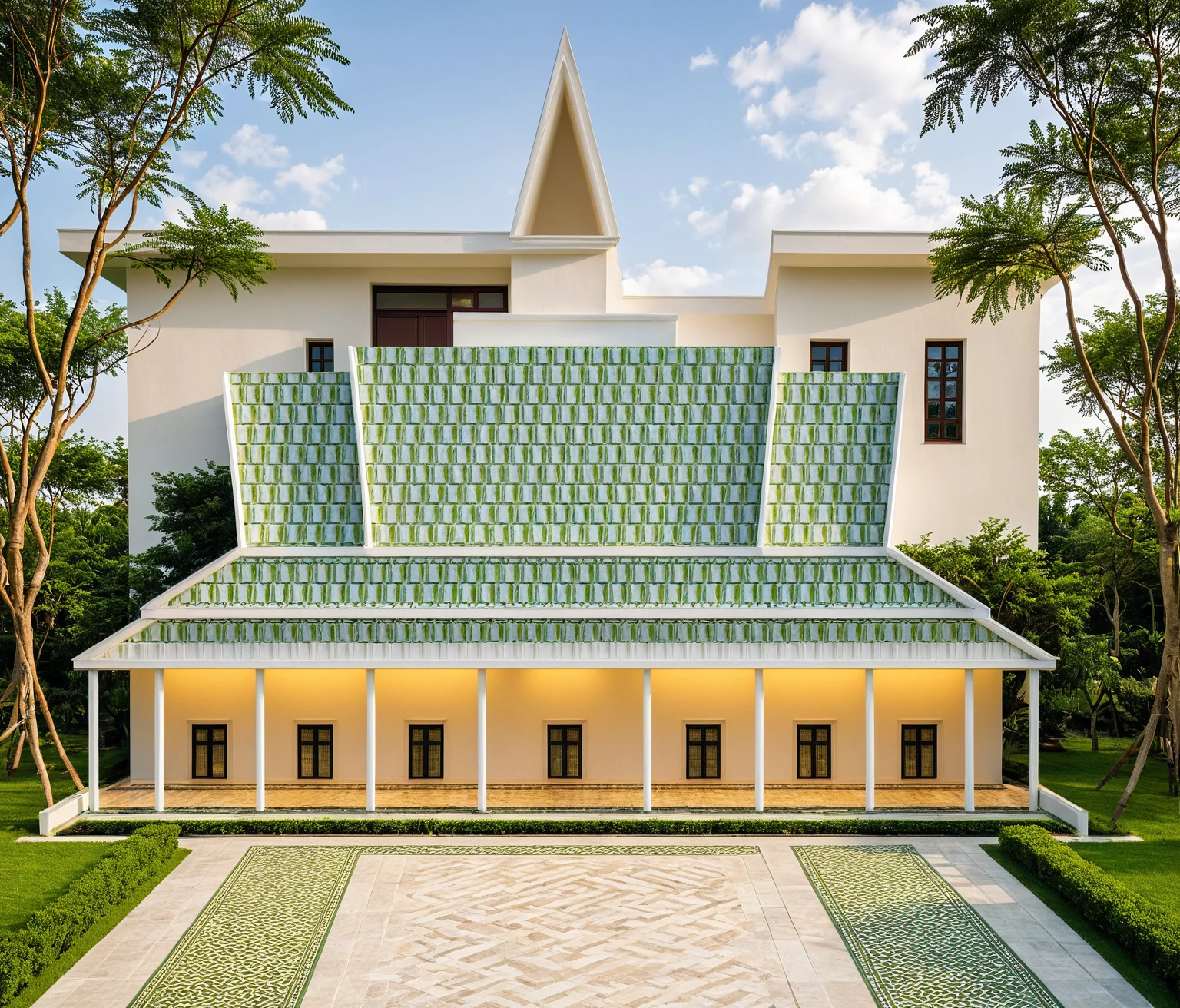 Masterpiece, high-end, best quality, authentic, super detailed, outdoor, aiaigroup, neoclassical villa style, stairs, white walls combined with conwood, wind encaustic tiles, green tiles, iron gates, conwood ceilings , flowers, path, summer evening, grass, trees, sky, clouds, (daylight: 1.1)