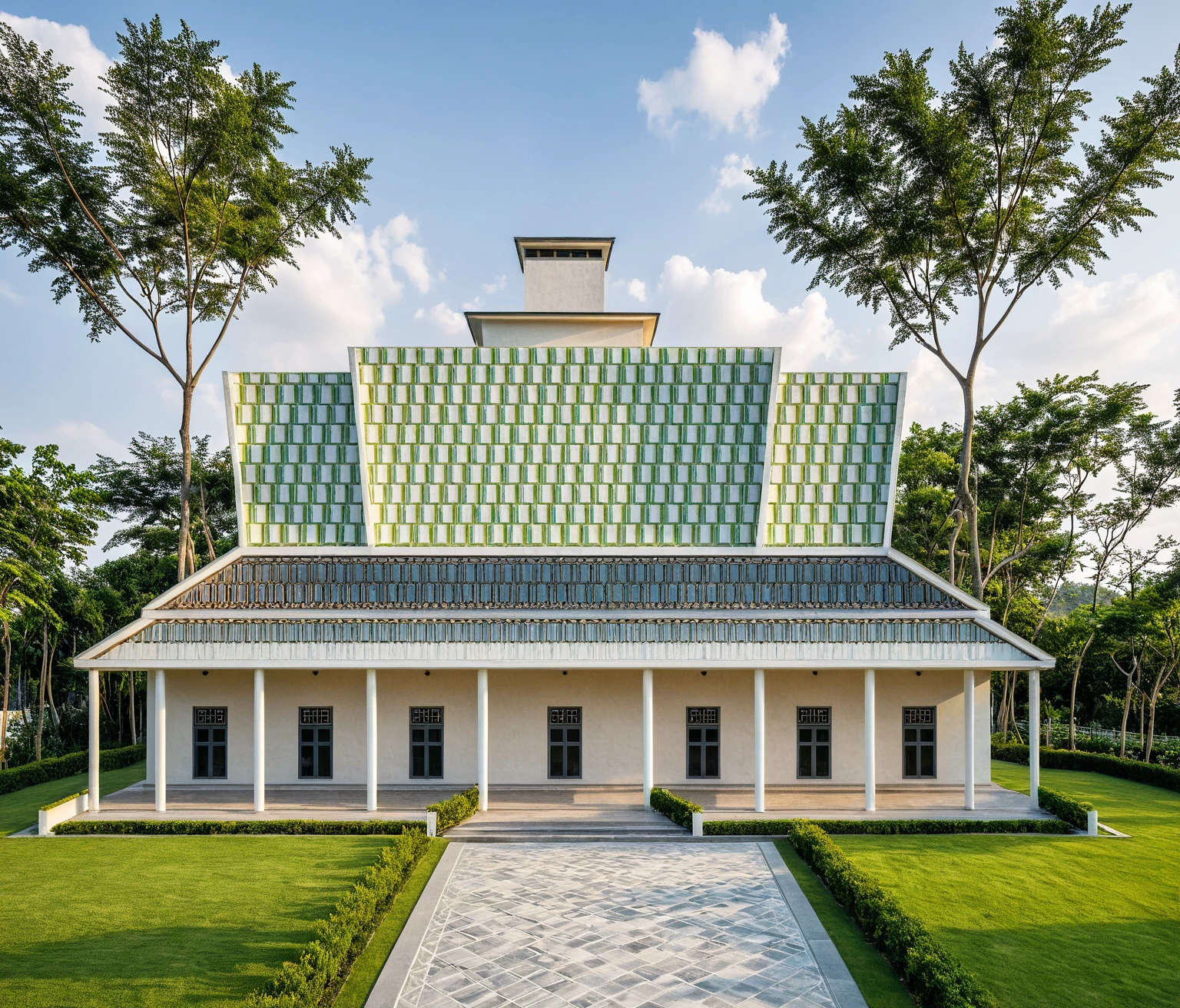Masterpiece, high-end, best quality, authentic, super detailed, outdoor, aiaigroup, neoclassical villa style, stairs, white walls combined with conwood, wind encaustic tiles, green tiles, iron gates, conwood ceilings , flowers, path, summer evening, grass, trees, sky, clouds, (daylight: 1.1)
