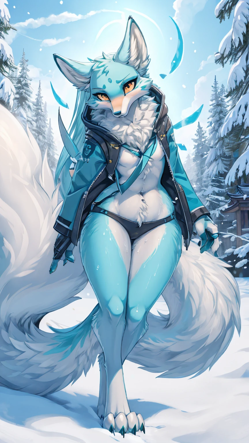 The best quality, Japanese adolescent hatsune miku x kitsune , fox face elongated snout add-detail, Surprise face, sweaty body, heated add_detail,, kitsune warrior in the snow add_detail:1, barefoot add_detail:1 mistycal aura