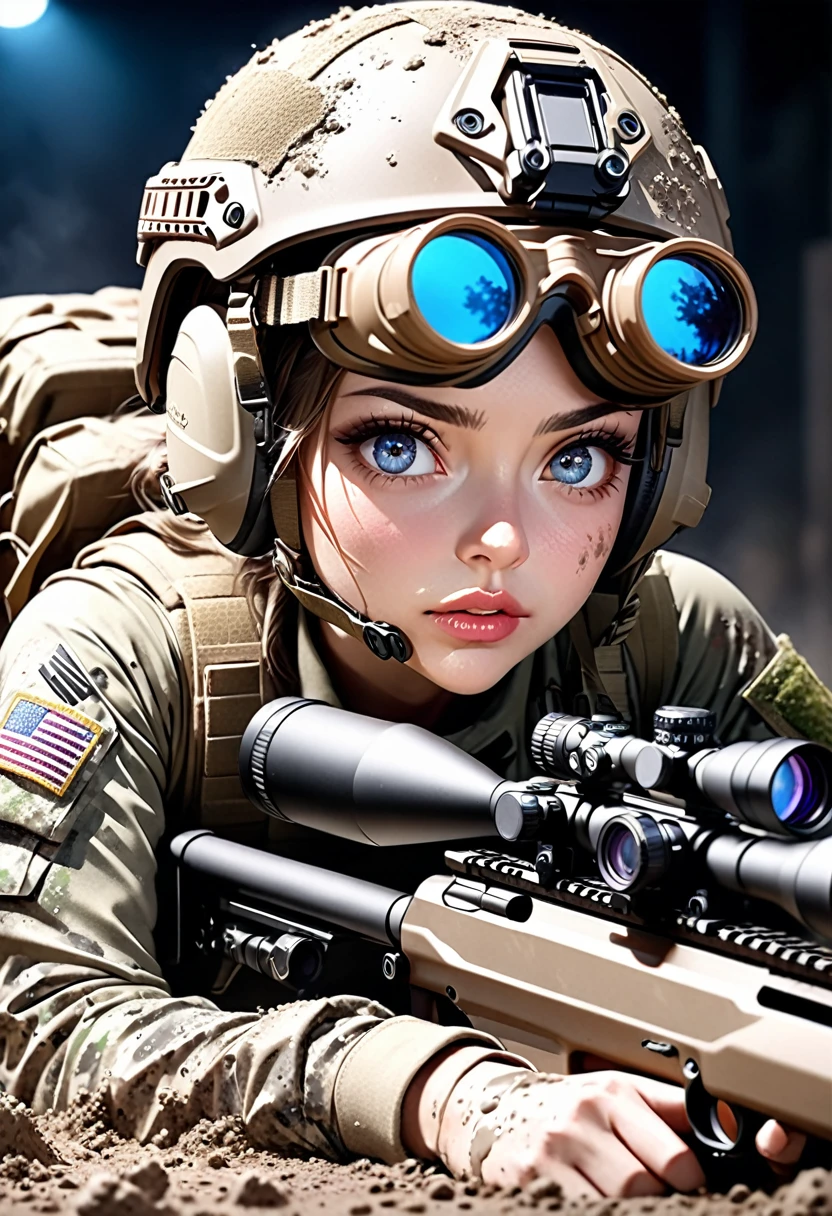 A beautiful modern female soldier sniper in an urban setting, lying prone on a rooftop wielding a high-quality long-range sniper rifle, wearing night vision goggles and urban camouflage uniform, covered in mud and dirt, with a tense, nervous expression, perfectly detailed eyes, lips, and face, 8K resolution, hyper-realistic, masterpiece, best quality, ultra-detailed, ultra-fine painting, super fine view, physically-based rendering, vivid colors, studio lighting, sharp focus, bokeh effect.