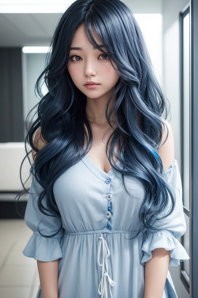 Create a woman with wavy hair without bangs and blue highlights, I want a striking but shy look