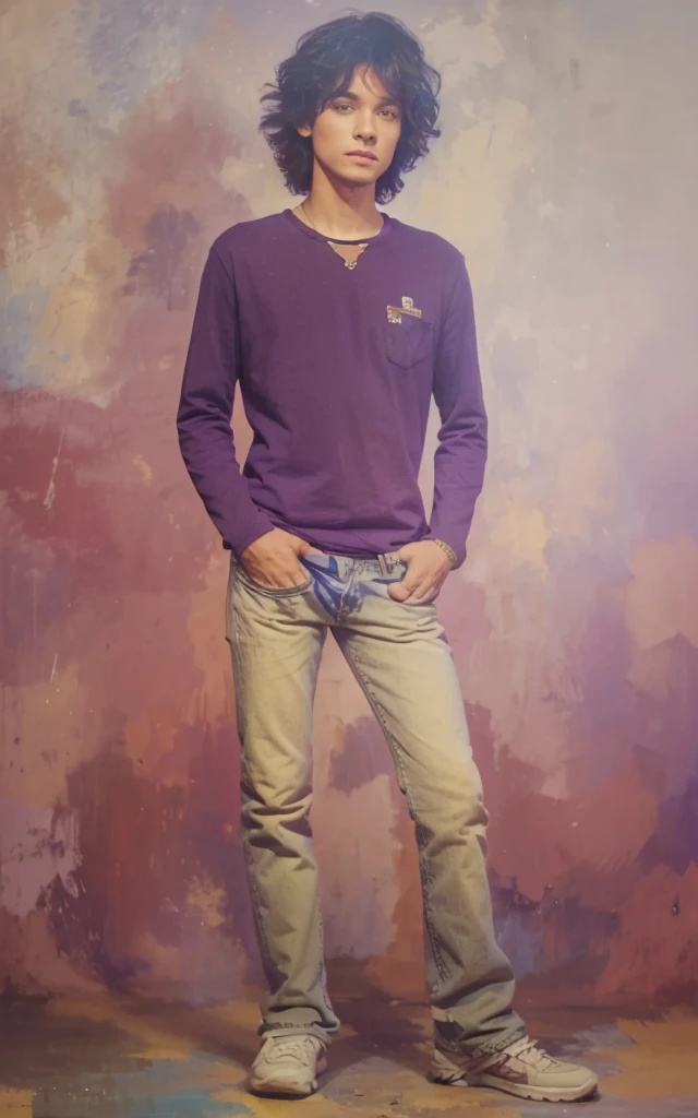 The image is of a person standing with their hands in their pockets, wearing a purple t-shirt and blue jeans.