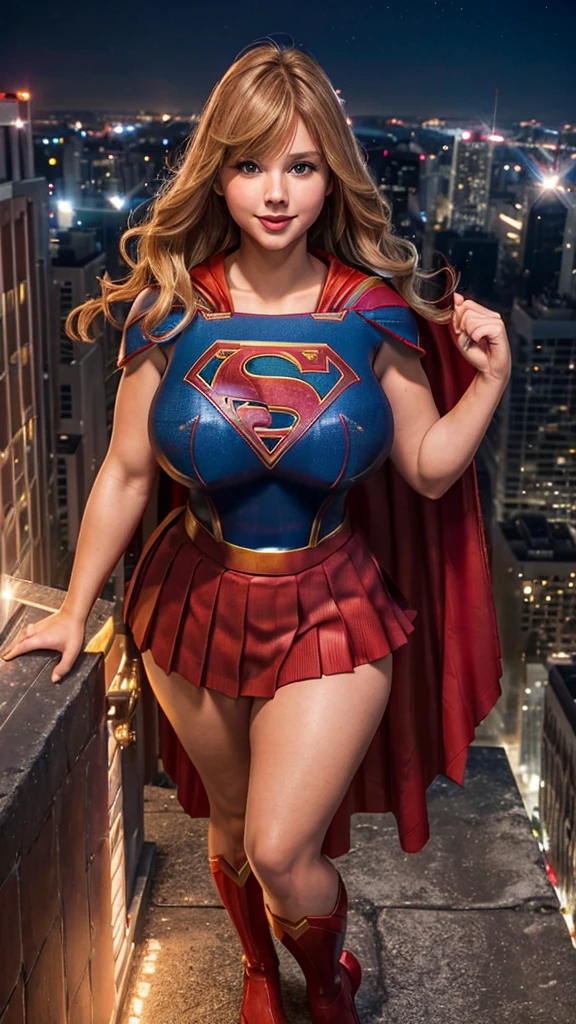 Supergirl, 27 years old, full body shot, Beautiful woman (((shoulder length wavy caramel blonde hair))) (bangs:1.2) defined body, Red lipstick, smiling, hands free, standing, (huge_breasts:1.3) (very full figure, curvy, chubby, very soft, very thick, big breasts, sexy, sexy pose, fat thighs) ((( short sleeve, sparkling blue and red leotard, flowing red cape, red pleated skirt of Supergirl))), rooftop city night, (curvy:1.4)