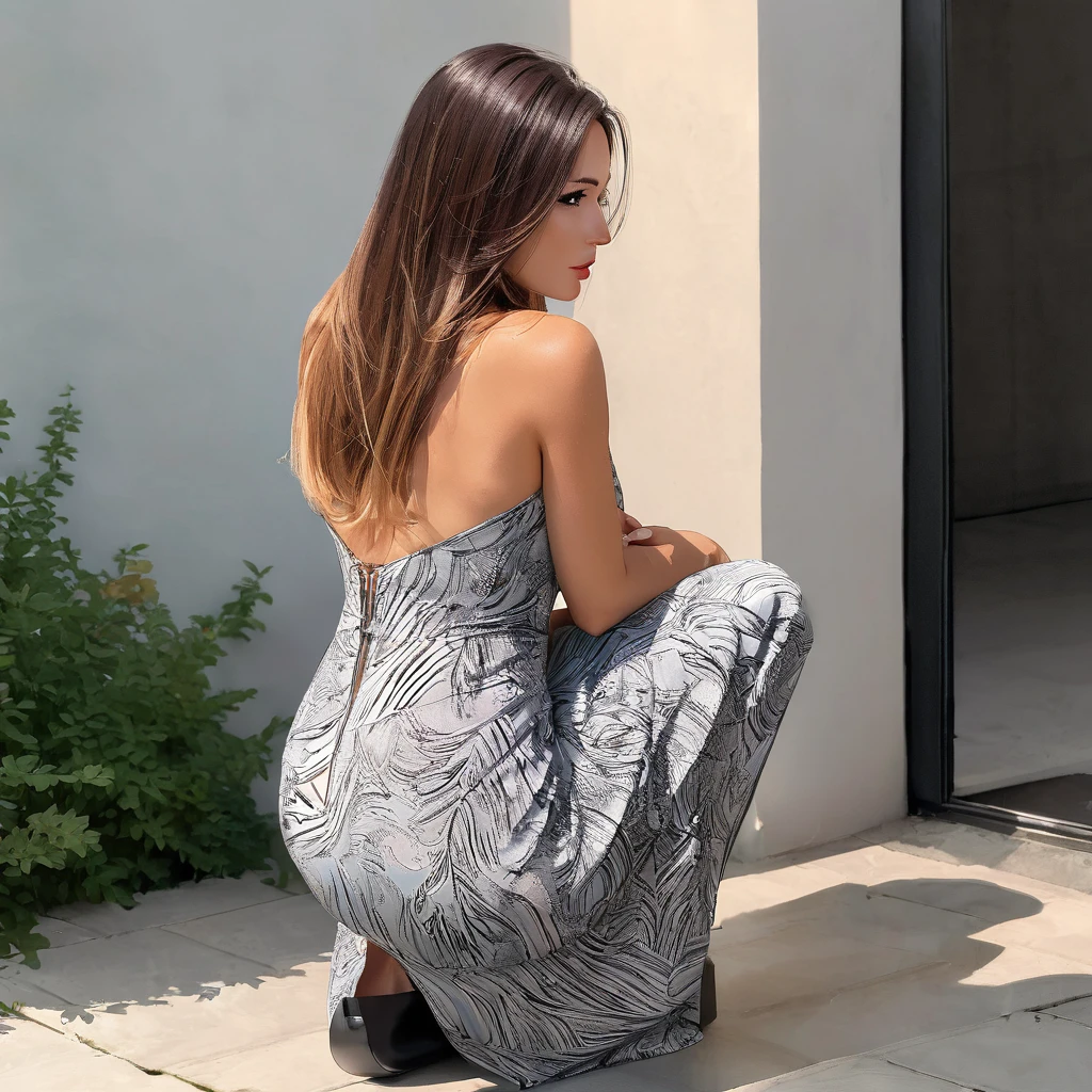 woman squatting on her knees in a maxi dress, bodycon dress, rear view angle fully