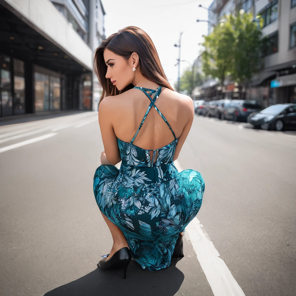 woman squatting on her knees in a maxi dress, bodycon dress, rear view angle fully