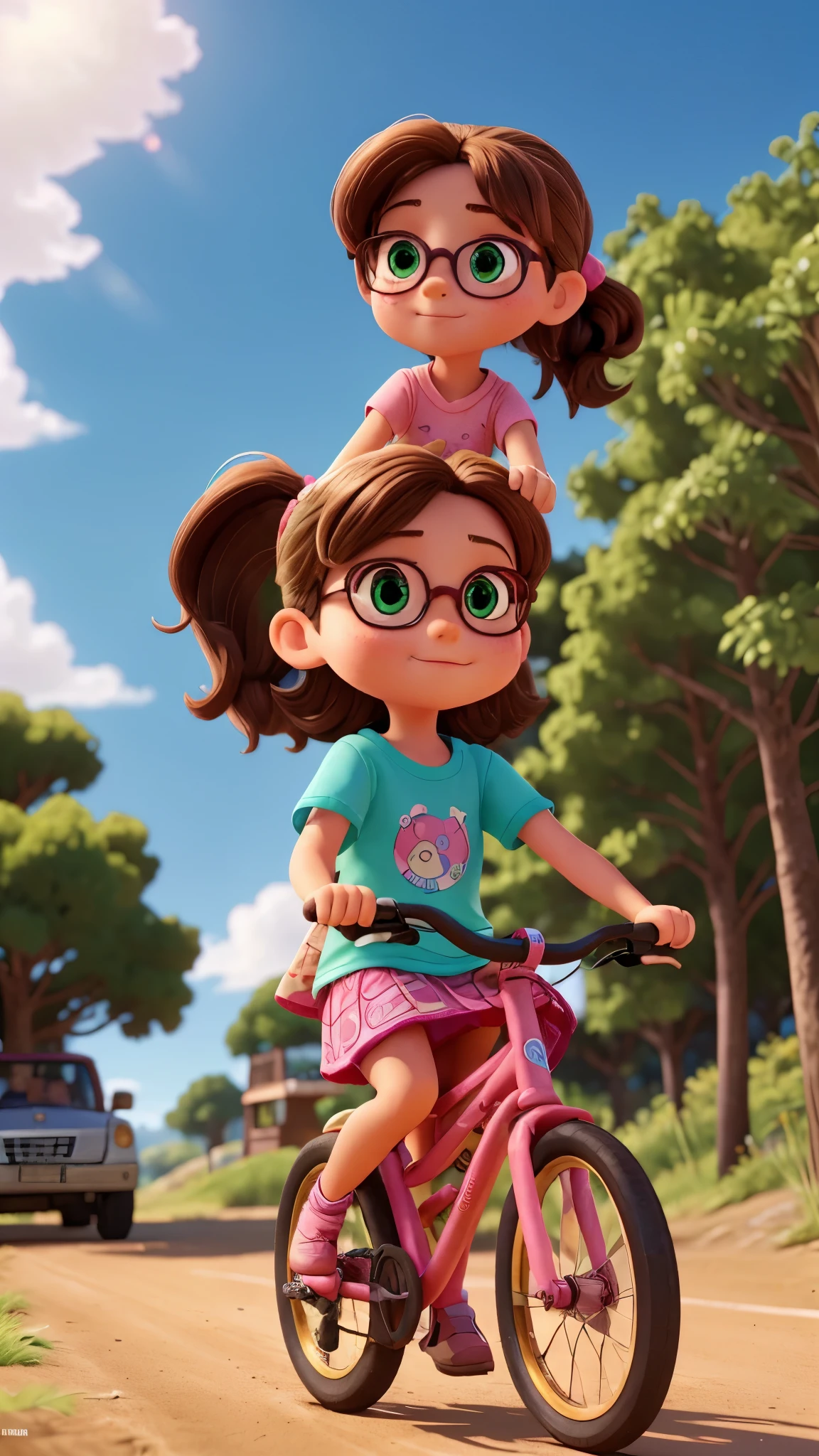 A 9  girl with brown hair in a ponytail, colorful dress, riding a bicycle, an 8 year oldth green eyes, pink glasses, denim shorts, colorful t-shirt, standing on the back of the bicycle, riding bicycles on dirt streets of a coastal city, highly detailed, photorealistic, 8k, masterpiece, vivid colors, dynamic composition, warm lighting