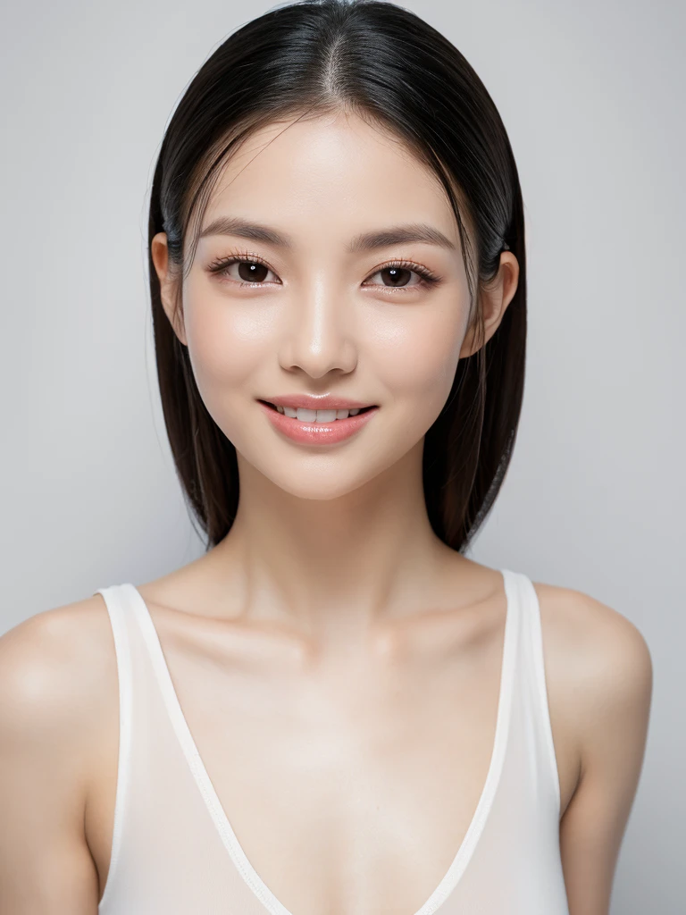 whiteroom, 1 girl, look at the camera, smile, H~I cup, model's expression, big black eyes, wide double eyelids, high nose bridge, nose positioned higher, small well-shaped mouth, thin lips, smooth fair skin, high cheekbones, symmetrical face, natural eyebrows, downward-sloping straight eyebrows, gentle smile, shiny black hair, straight hair, soft facial expression, well-defined jawline, oval-shaped face, see-through bangs, slightly upturned outer eye corners, natural eyeliner, prominent tear bags, healthy cheek color, bright white teeth, well-aligned teeth, moist eyes, dimples, Tank top, Shiny skin, Sweaty body, Dramatic lighting, Huge breath, (8K, 4K, Best Quality, High Definition, Ultra High Definition: 1.1), (Masterpiece, Realistic, Photorealistic: 1.1), #tarasuzuka24