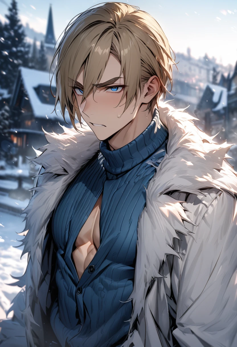 absurdities, High resolution, ultra detailed, HdR, masterpiece, Extremely detailed face and eyes, Leon Kennedy, medium blonde hair, disheveled, bushy eyebrows, expressive blue eyes, 1 man, elegant, white fur coat, blue winter sweater, toned chest, snowy background. Complete plan