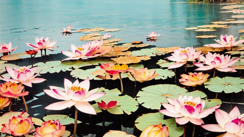 A pond，Clear pool water，Lotus leaves in the pond，Highlight a blooming lotus