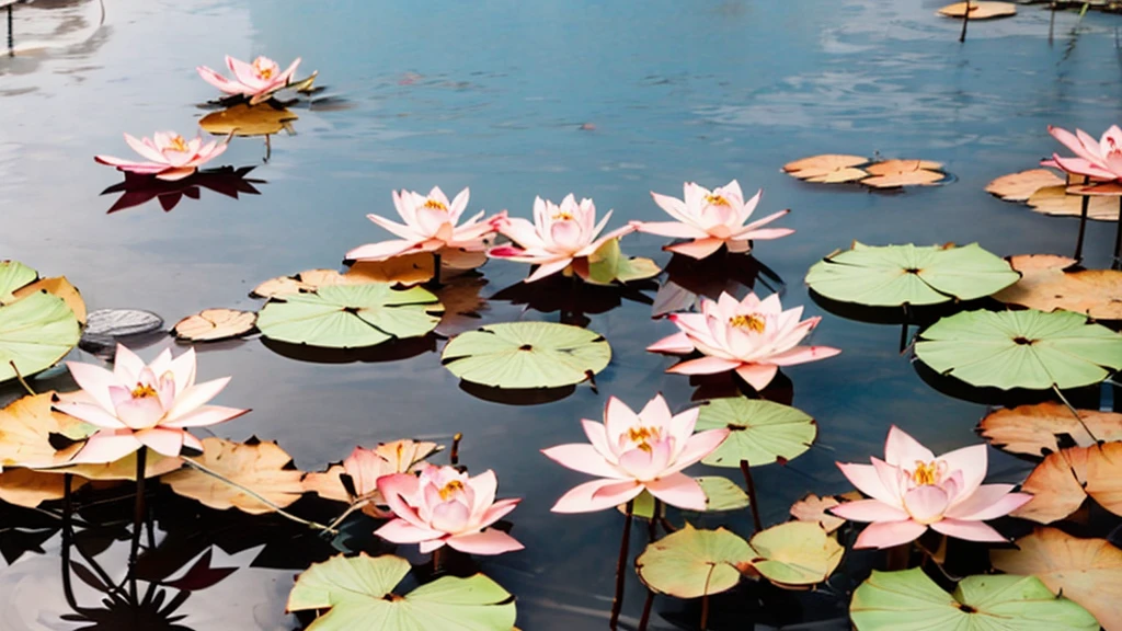 A pond，Clear pool water，Lotus leaves in the pond，Highlight a blooming lotus