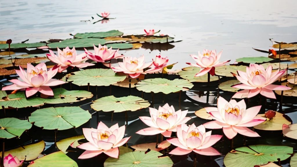 A pond，Clear pool water，Lotus leaves in the pond，Highlight a blooming lotus