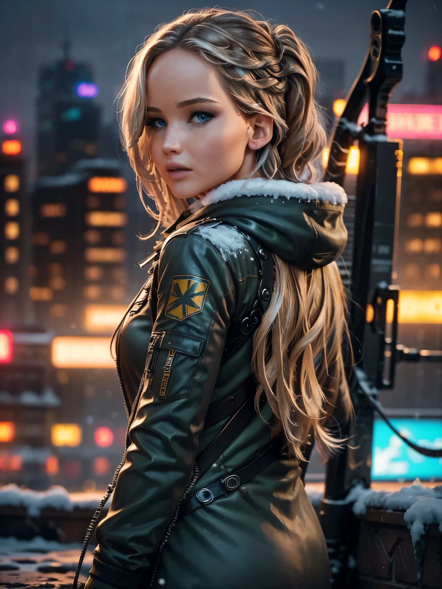 Photorealistic, high fidelity, RTX.  Jennifer Lawrence as a teenage girl from the Hunger Games, turned to the back, behind shot, she have metal crossbow and arrows, exploring a snowy landscape in a cyberpunk city. Neon lights and holograms create a winter wonderland with a futuristic twist. Her stylish outfit and energetic pose showcase her adventurous spirit and love for cyberpunk winter adventures.