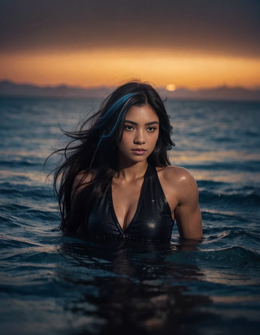A young woman with long black hair is standing on the beach. Due to the heat, her skin is wet with sweat --auto --s2