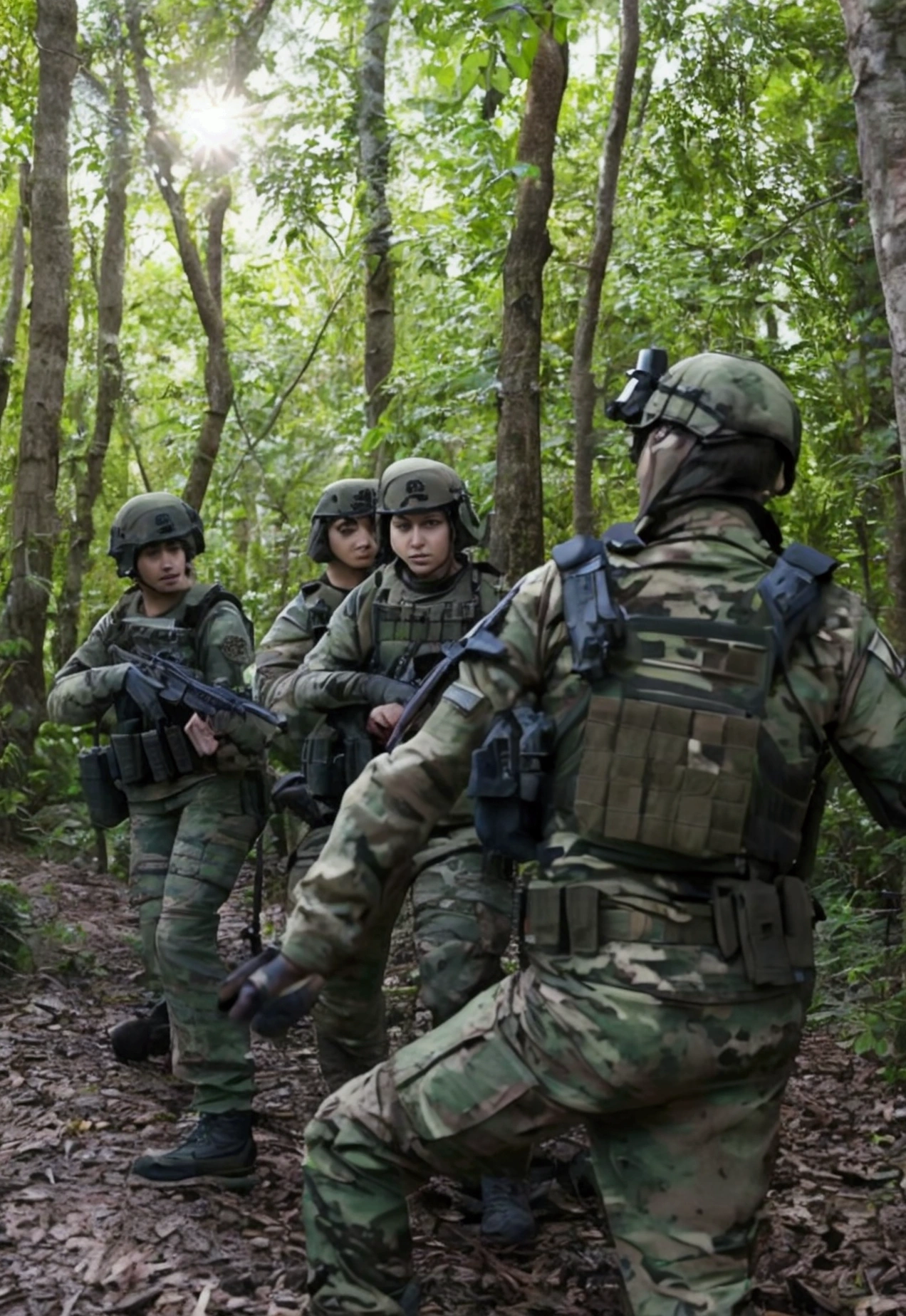 Illustrate an ultra-realistic and professional scene featuring a squad of elite special forces cats heavily armed and walking through a dense forest at sunset. Each cat is outfitted in detailed tactical gear, including body armor, weapons, and communication devices. The scene captures the golden hues of the setting sun filtering through the trees, casting a warm glow over the squad. The cats are moving in formation, displaying a sense of readiness and vigilance. The background should include realistic forest elements, such as trees, underbrush, and dappled light. The cats' expressions should reflect determination and focus, embodying the essence of elite special forces operatives on a mission. Key Elements to Include: Squad of cat special forces members in detailed tactical gear. Each cat heavily armed with realistic weaponry. Dense forest setting with the warm glow of sunset filtering through the trees. Cats moving in formation, displaying readiness and vigilance. Realistic forest elements, including trees, underbrush, and dappled light. Cats' expressions reflecting determination and focus. Style: Ultra-realistic with meticulous attention to detail, capturing the intensity and beauty of the scene.
