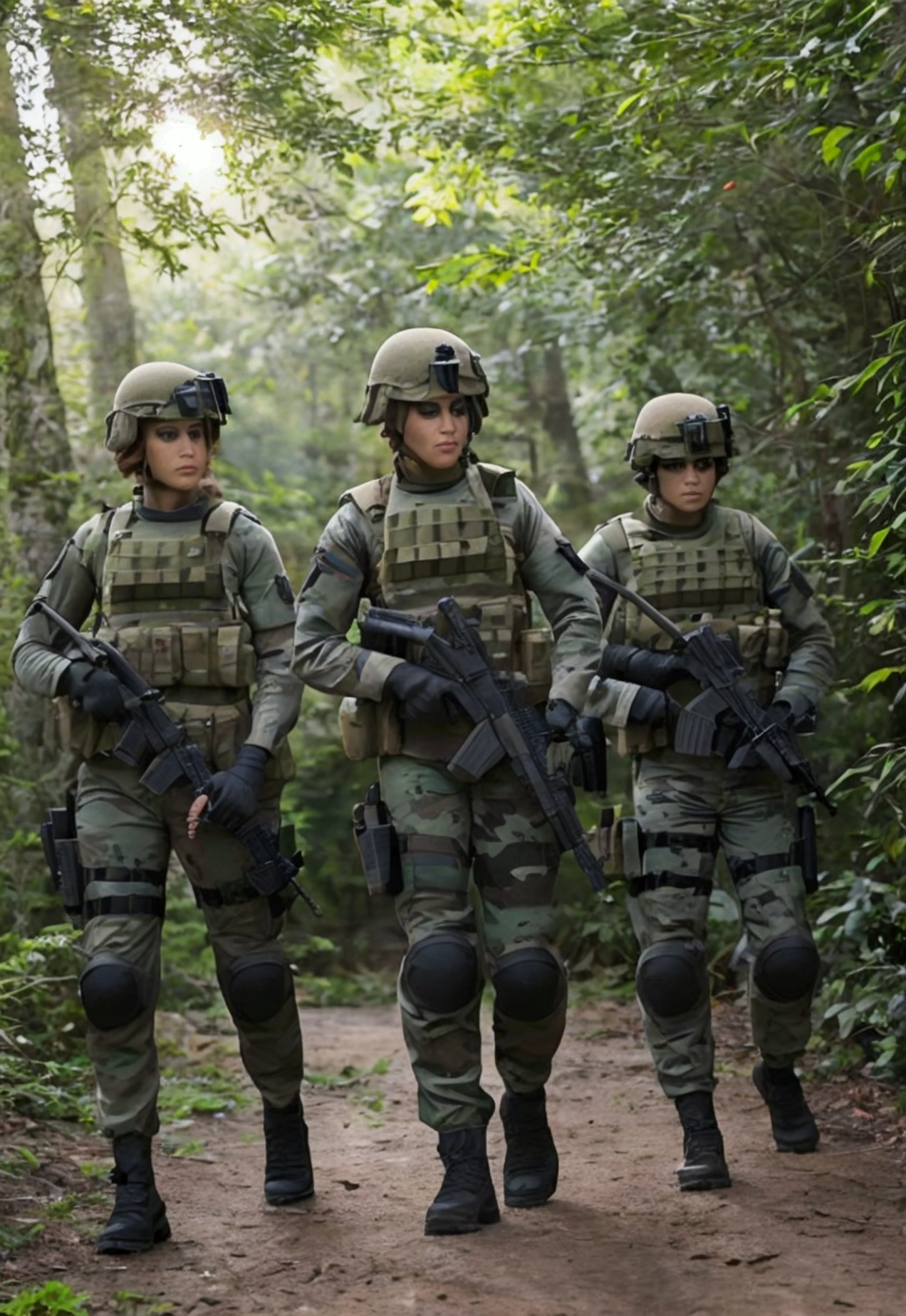 Illustrate an ultra-realistic and professional scene featuring a squad of elite special forces cats heavily armed and walking through a dense forest at sunset. Each cat is outfitted in detailed tactical gear, including body armor, weapons, and communication devices. The scene captures the golden hues of the setting sun filtering through the trees, casting a warm glow over the squad. The cats are moving in formation, displaying a sense of readiness and vigilance. The background should include realistic forest elements, such as trees, underbrush, and dappled light. The cats' expressions should reflect determination and focus, embodying the essence of elite special forces operatives on a mission. Key Elements to Include: Squad of cat special forces members in detailed tactical gear. Each cat heavily armed with realistic weaponry. Dense forest setting with the warm glow of sunset filtering through the trees. Cats moving in formation, displaying readiness and vigilance. Realistic forest elements, including trees, underbrush, and dappled light. Cats' expressions reflecting determination and focus. Style: Ultra-realistic with meticulous attention to detail, capturing the intensity and beauty of the scene.
