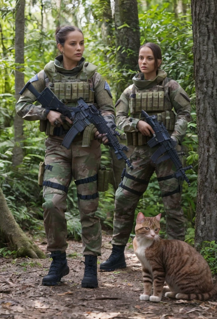 Illustrate an ultra-realistic and professional scene featuring a squad of elite special forces cats heavily armed and walking through a dense forest at sunset. Each cat is outfitted in detailed tactical gear, including body armor, weapons, and communication devices. The scene captures the golden hues of the setting sun filtering through the trees, casting a warm glow over the squad. The cats are moving in formation, displaying a sense of readiness and vigilance. The background should include realistic forest elements, such as trees, underbrush, and dappled light. The cats' expressions should reflect determination and focus, embodying the essence of elite special forces operatives on a mission. Key Elements to Include: Squad of cat special forces members in detailed tactical gear. Each cat heavily armed with realistic weaponry. Dense forest setting with the warm glow of sunset filtering through the trees. Cats moving in formation, displaying readiness and vigilance. Realistic forest elements, including trees, underbrush, and dappled light. Cats' expressions reflecting determination and focus. Style: Ultra-realistic with meticulous attention to detail, capturing the intensity and beauty of the scene.