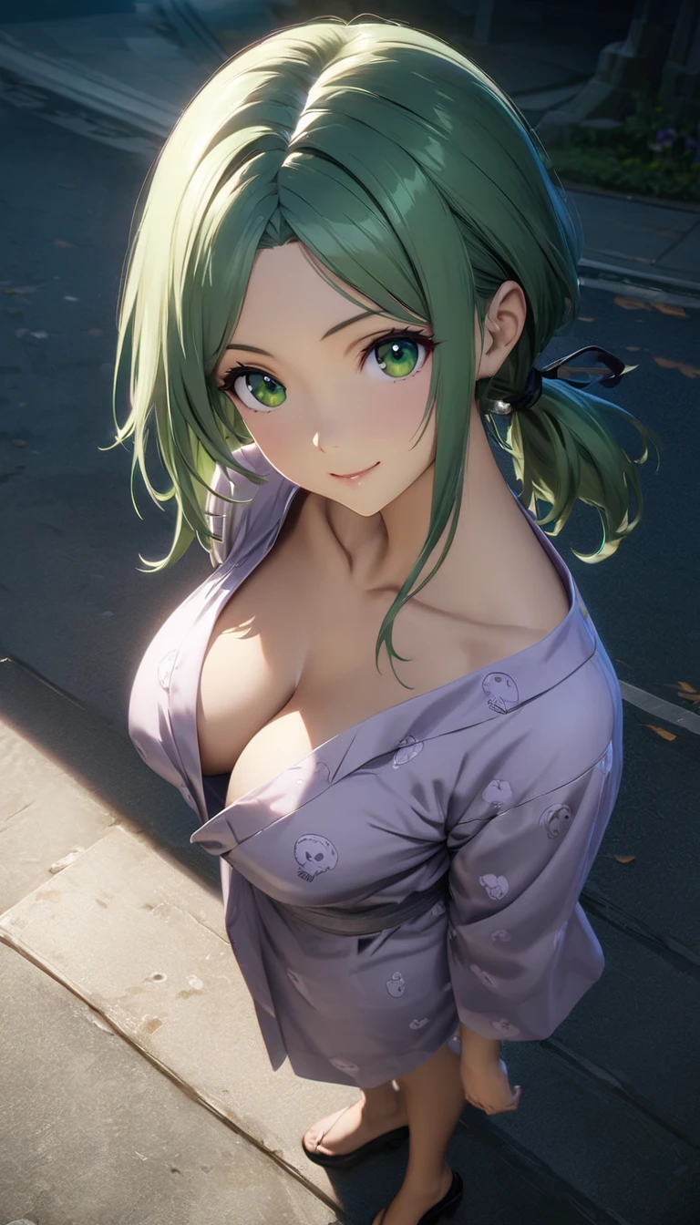 cinematic lighting, HDR, lifelike 8k CG, keyvisual, anime colored, top quality, charming and cute girl, clear face, green hair, parted bangs, short low ponytail, green eyes, big breasts, perfect figure, BREAK, standing, from above, from side, smile, looking at viewer, light pink skull print yukata, (downblouse:1.2), blue sky, sidewalk,