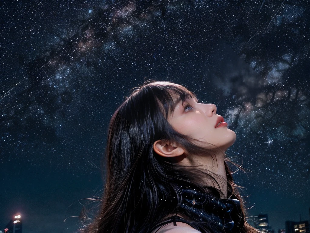minimum, harmony, aesthetic, fantastic scene, Dystopia, (night, Starry Sky:1.4), Broken Building, Sky full of stars, Beautiful night sky, Girl looking up at the sky, 24-years-old, slender, Medium Hair, bangs, (Gothic_Punk:1.2), masterpiece, best quality, RAW Photos, photorealistic, depth of field, candytt
