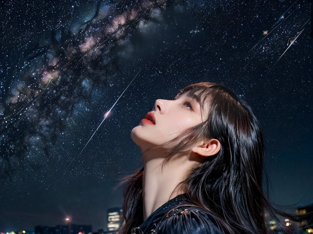 minimum, harmony, aesthetic, fantastic scene, Dystopia, (night, Starry Sky:1.4), Broken Building, Sky full of stars, Beautiful night sky, Girl looking up at the sky, 24-years-old, slender, Medium Hair, bangs, (Gothic_Punk:1.2), masterpiece, best quality, RAW Photos, photorealistic, depth of field, candytt