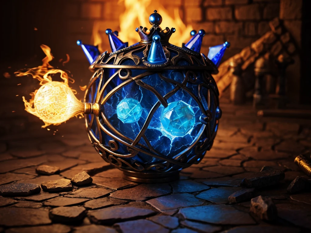 antique old glowing stone magic crown on a pedastal, swirling blue magic fireballs, hyperrealism, digital painting, fantasy art, dungeons and dragons, magic the gathering