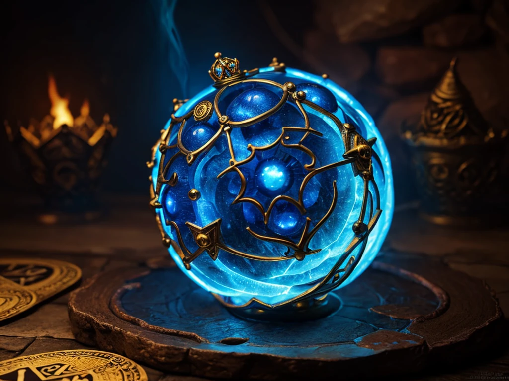 antique old glowing stone magic crown on a pedastal, swirling blue magic fireballs, hyperrealism, digital painting, fantasy art, dungeons and dragons, magic the gathering