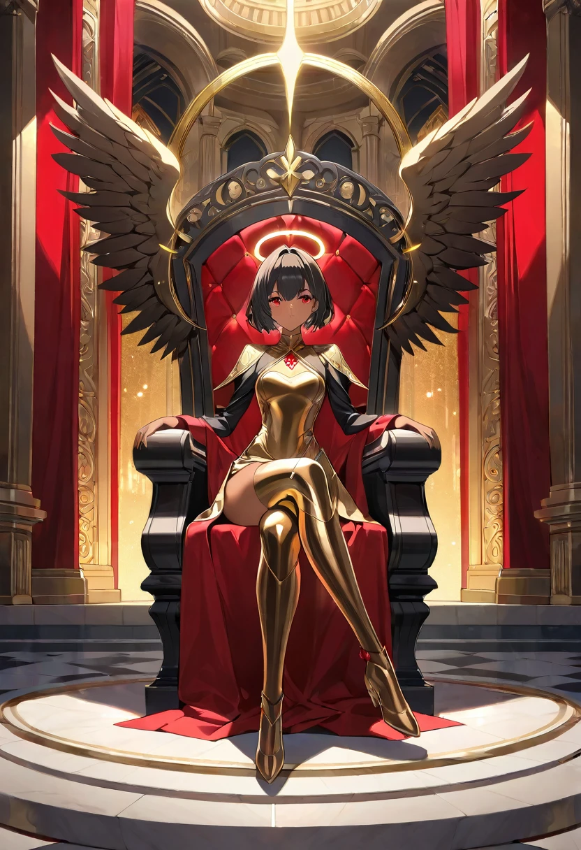 1girl, tanned skin, golden halo, black hair, very short hair, winged, bronze dress, red details, long sleeves, red eyes, palace ambience, golden aura, sitting, throne, prosthetic legs