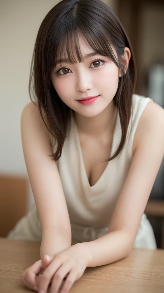 Tabletop, Highest quality, shape, Very detailed, finely, High resolution, 8k wallpaper, 完璧なダイナミックな構shape, Beautiful and exquisite,ランダムなcute髪,,Natural color lip, Bold sexy pose,smile、20-year-old girl、cute、Looking into the camera,Always blur the background,Perfect and beautiful face,Slim face and figure,Big eyes、Putting on gal makeup,Small face,Shooting from below、Blurred Background,Elegant feminine face、smile、Actual Photos、Loritach、Actual photo、RAW Photos、Real human skin,finely描かれた肌:1,4