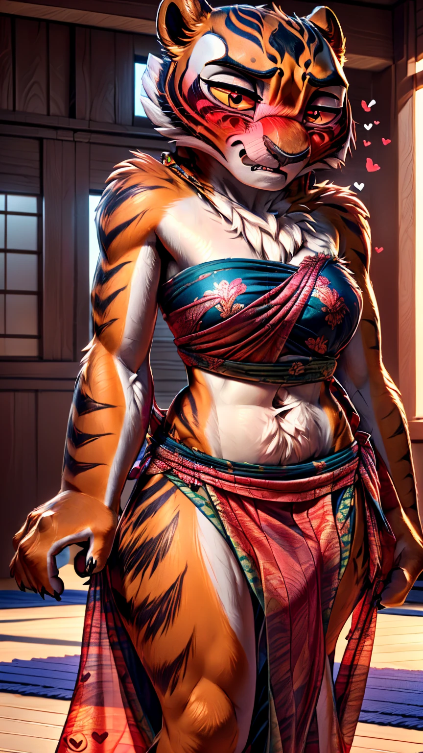 (((embarrassed face:1.5))),(heart-shaped pupils:1.3),((eyes very detailed:1.5)),(((sarong:1.5))),ultra HD,ultra HD,(((blush:1.5))),tigress,((very realistic:1.5)),((dojo)),hairy body,((tiger tail)),(Medium chest)