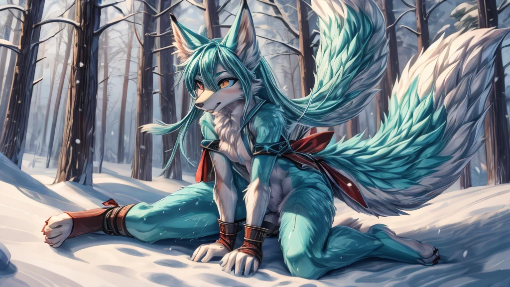 The best quality, Japanese adolescent hatsune miku x kitsune , fox face elongated snout add-detail, Surprise face, sweaty body, heated add_detail,, kitsune warrior in the snow add_detail:1, barefoot add_detail:1 mistycal aura, sword unsheathed position
