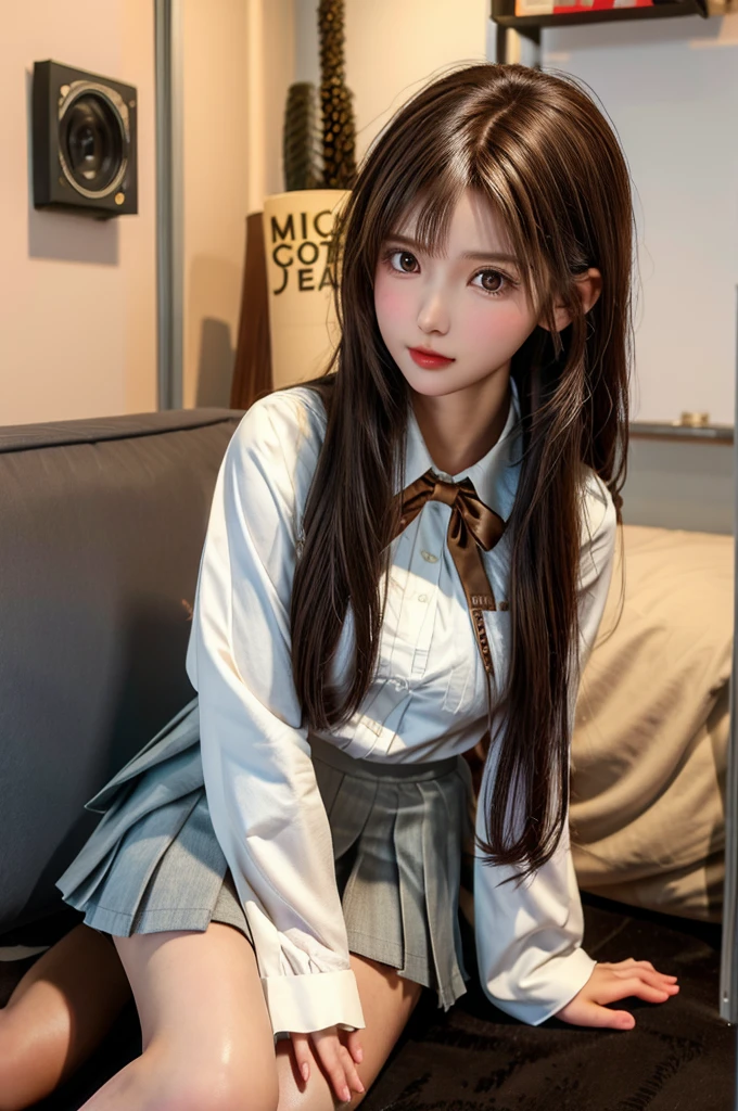 Highest quality,girl,high school girl,uniform,White blouse,Pleated skirt,Knee-high,Brown Hair,Brown eyes,cute,