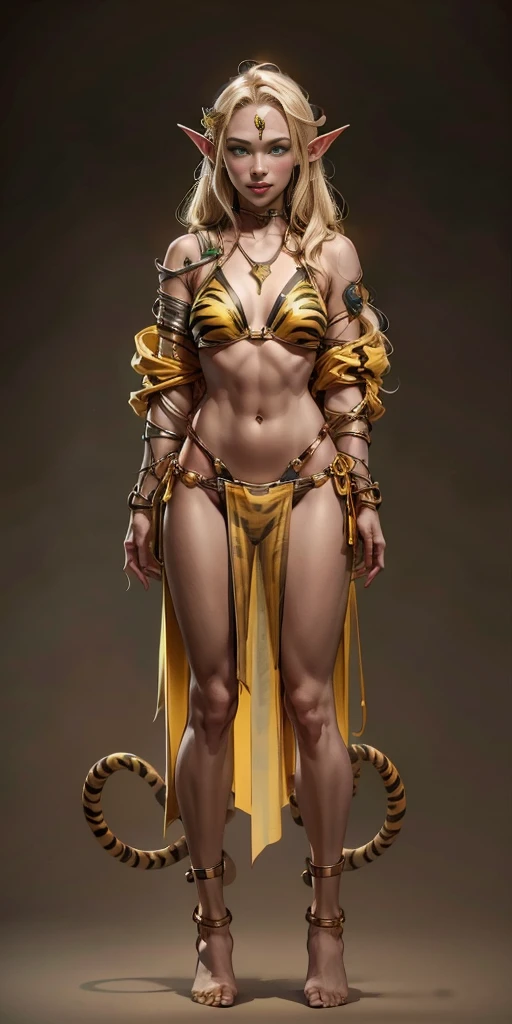 tsundere elf full body toe to head, long hair, blonde hair (green eyes:1.1) pointy ears, elf, multicolored hair, forehead jewel, yellow tiger bikini, standing symmetrical, plain background