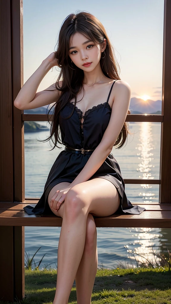 Asian Beauty,Young cute girl,The warm sunset rays fell on her,There is a tranquil lake behind,In the distance are the rolling mountains。She sat gracefully on the ground,Stretch your legs forward,One hand behind the back,The body leans back slightly,Head slightly tilted to one side,Show a charming smile。The skirt flutters gently in the wind,Adds a touch of fantasy。Her face is delicate,Under the long eyelashes are a pair of bright big eyes,The corners of the mouth slightly raised,Appear gentle and confident。Her long hair was casually draped over her shoulders.,A few strands of hair fluttering gently in the breeze。The diagonal composition makes the picture more vivid,The foot is in the lower left corner of the screen,The body and gaze extend to the upper right corner,Creates an elegant diagonal visual effect。