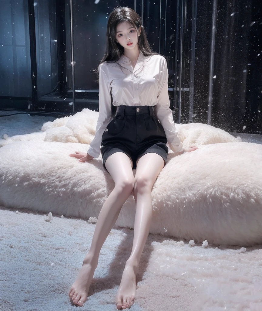 A Japanese Lady、beauitful face、double eyelid、Big eyes、Long Black Hair、suiticro shorts、arms in arms、beauty legs、Raw feet、Clean thighs、tall、model poses、Oyuki、snow blowing、snow cover、bottom-top view