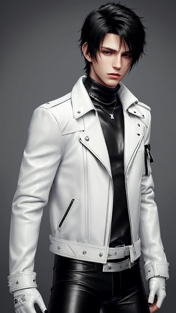 Final fantasy taste and reality graphics, Japanese young cute and cool ikemen  boy, his age is early 20s, thin eyebrows and beady eyes,  ((he wearing off white color leather  thick material jacket)), ((jacket is singlebrest)), biker style jacket, with epaulet, jacket is long sleeve, ((must close the front of the leather jacket)), , ((voluminous leather jacket)), ,((must jacket is high length and stand-up collar)) ((jacket collar with two belts)), ((jacket is a little black color line pattern)),((close the front of the jacket)), ((also wearing black thick material turtleneck lackluster shirts)),  ((tight black leather pants)),  ((must black leather tight and thin glove)), ((black leather knee-high raceup boots)),((must views  head-to-toe)),((must views whole body)), ,((Do not show skin from the neck down)),leather jacket leather glove and leather pants have few wrinkles,boy in the prison room, Avoid showing your innerwear,zip up jacket fastner.
Boy touching owns private parts with right hand.
Bous face is expression of ecstasy.
Boy is black hair.boy looks like fashion model.
