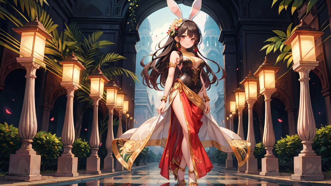 "A beautiful Indian bunny girl, wearing a sari-inspired bunny outfit. She has long, wavy black hair adorned with jasmine flowers, large dark brown eyes, and a radiant smile. The outfit includes a corset styled like a sari with vibrant colors such as deep red and gold, adorned with intricate embroidery, matching high heels, and a pair of fluffy white bunny ears decorated with traditional Indian jewelry. She is holding a diya lamp. She is standing in a grand Indian palace with ornate arches, colorful rangoli designs, and lush gardens in the background. The atmosphere is vibrant and culturally rich, capturing the essence of Indian heritage."
