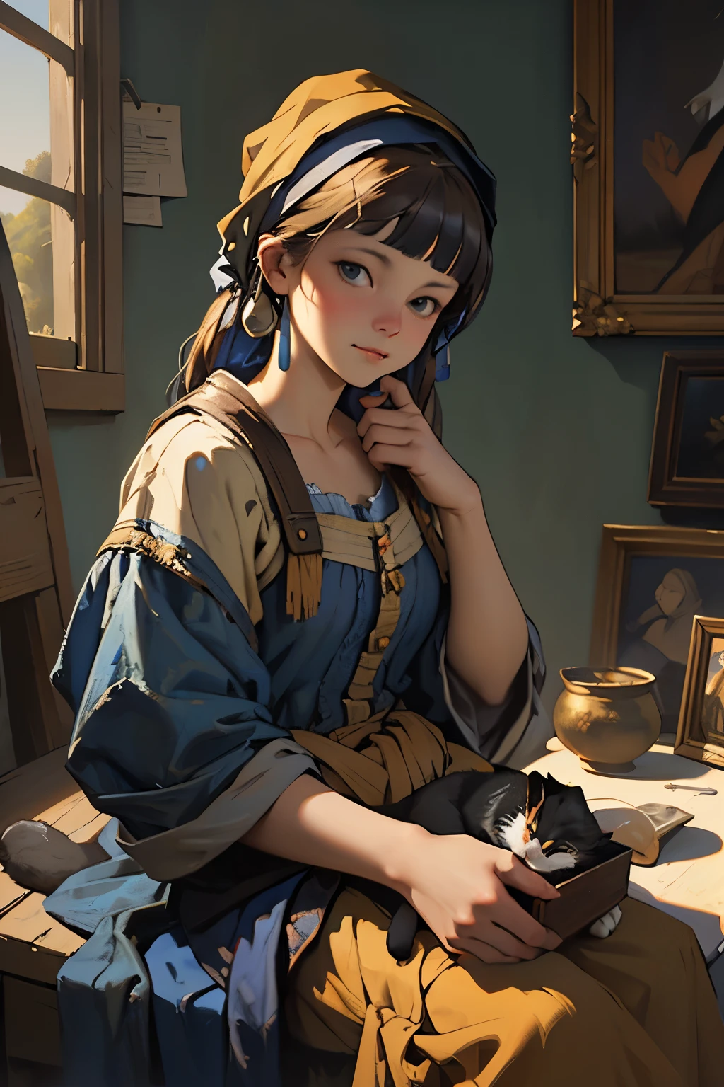 STAND BY ME, a painting of a woman, a cat sitting in a lake, an ultra-fine detailed painting by Johannes Vermeer, Featured on Zbrush Central, neofigurative, oil on canvas, chiaroscuro, soft brushstrokes, soft haze, muted