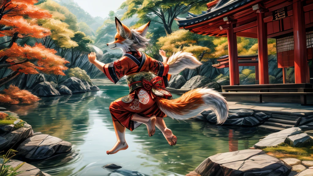 japanese kitsune fox face elongated snout add_detail, beautiful tails, stylized japanese style, japanese cunning fox, fox goddess message, Fushimi inari shrine, jumping on a lake