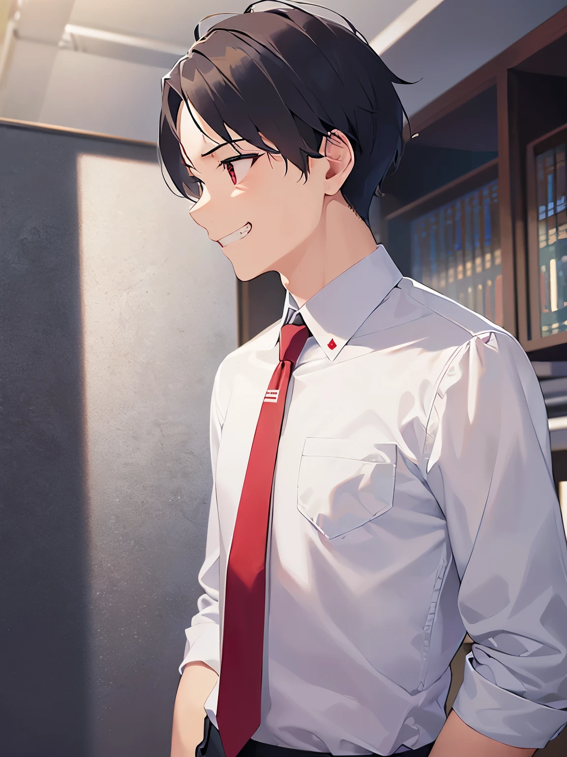 Anime man in a white shirt and red tie standing in a room - SeaArt AI