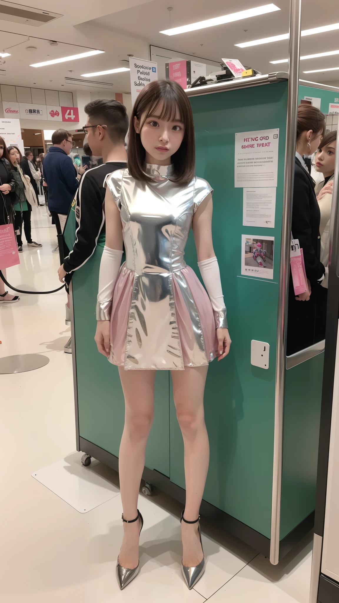 Robot Girl, pink there, Silver, Metallic body, Robot Parts, Metal Parts, Super Detailed Face, Super well-formed face, of the highest quality, a small face, a small head, Brown hair, Slender body, Camera gaze, Internal Mechanical Exposure, Idol, front facing, Well-proportioned body, sale, Exhibited, Event Hall, Moe Pose, pink metallic Lolita dress machine armor, Standing with legs open, Model body type, sad, Embarrassing,(Perfect Robot Girl),(Perfect machine body)