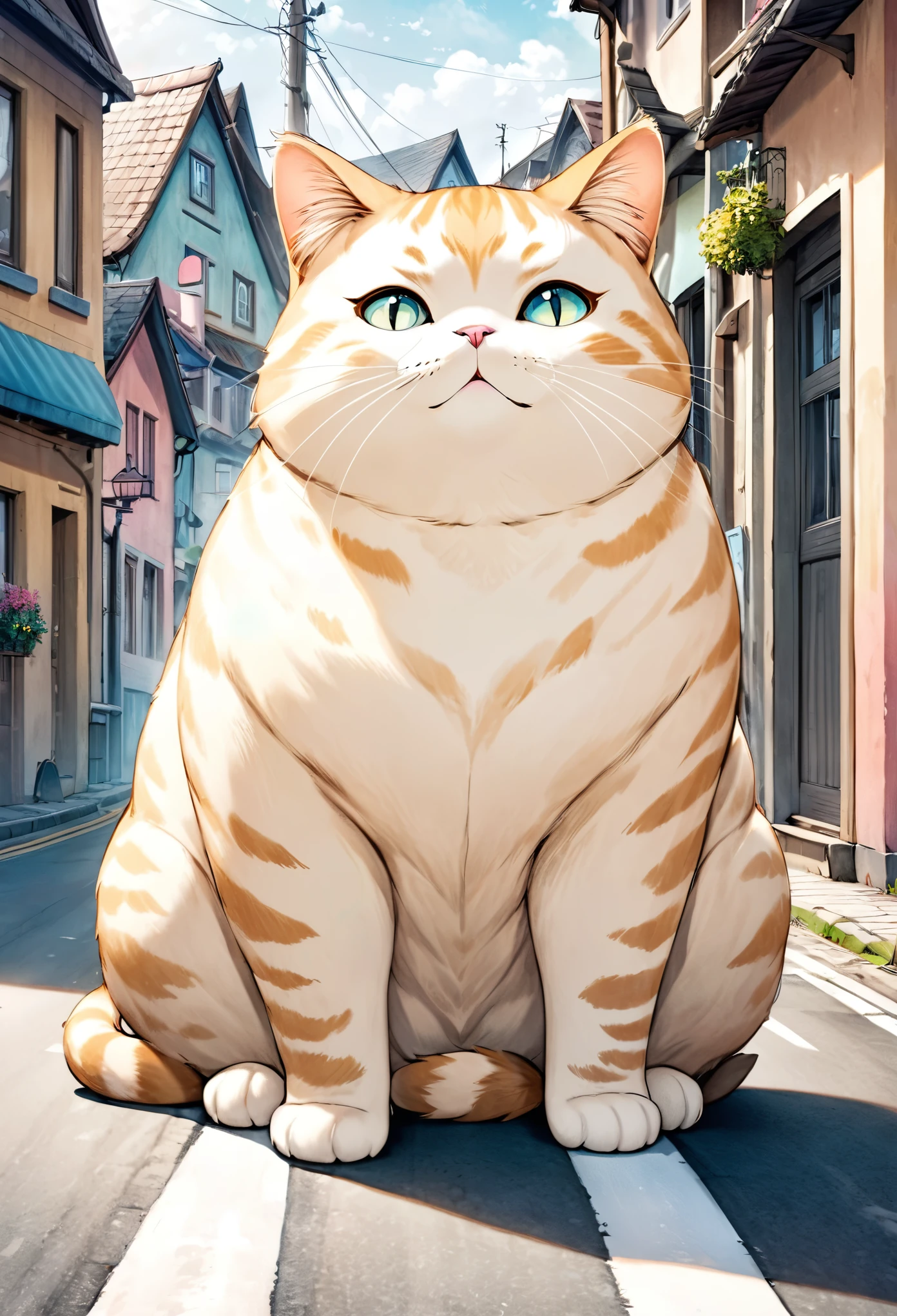 cute plump giant cat hybrid, sitting on the road and causing a big nuisance, small town background, small model, cat is bigger than the town, fantasy art, 2.5D, delicate and dynamic, cute rough pastel drawing effects
