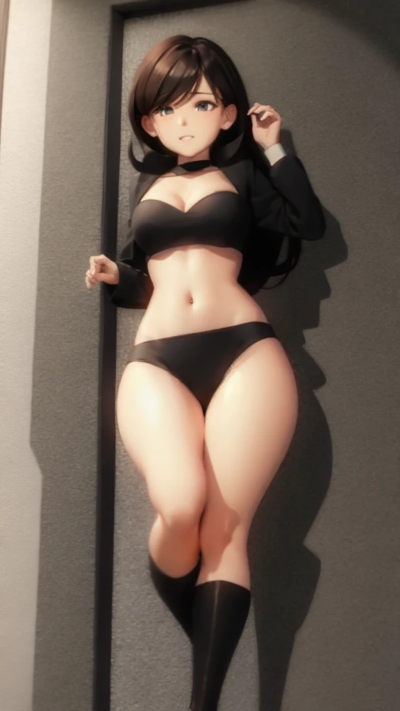 (Best quality, 8K, 12), 1 white young girl, messy short wolfy black hair, cat ears, fluorescent green eyes, bright eyes, (((full body))), big breast, perfecy body, (((ultra detail face, ultra-detailed eyes))), slender eyes, ultra detailed lips, ultra detailed body, ultra detailed breast, ultra detailed ass, convex areolas, (((wearing just a black bikini))), standing, back view, looking the viewer, neutral gray background