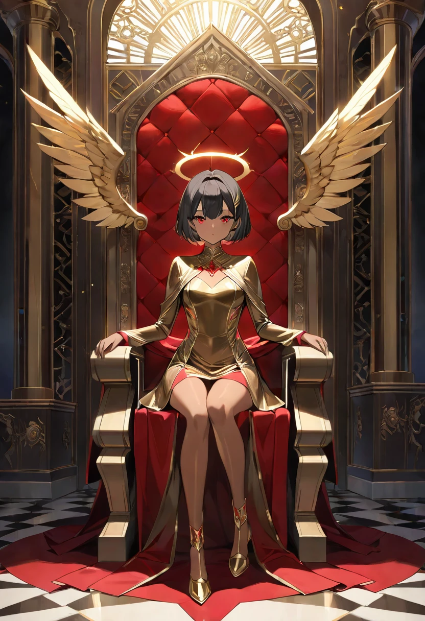 1girl, tanned skin, golden halo, black hair, very short hair, winged, bronze dress, red details, long sleeves, red eyes, palace ambience, golden aura, sitting, throne, prosthetic legs