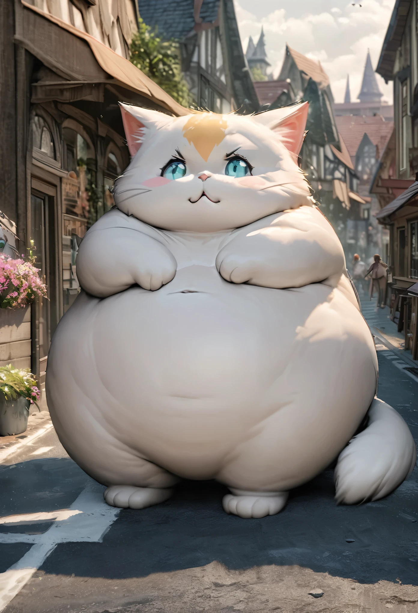 plump giant cat hybrid, sitting on the road and causing a big nuisance, small town background, small model, cat is bigger than the town, fantasy art, 2.5D, delicate and dynamic, cute rough pastel drawing effects