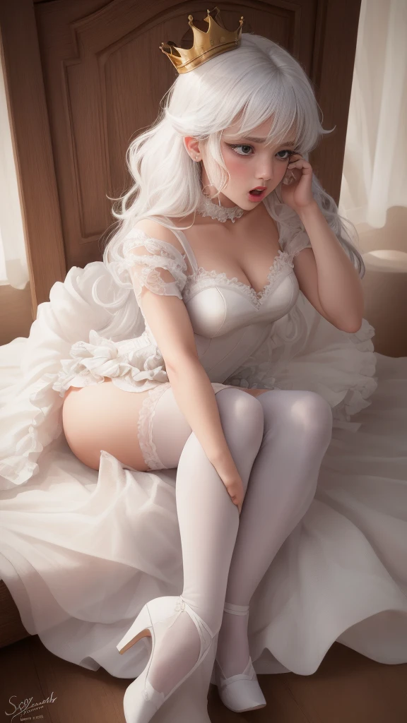 1 girl, Princess peach, Boosette, white hair, extremely long hair, purple eyes, soft, soft light, delicate, frills, vagina, dripping wet cum, (exposed breasts, nipples, small breasts), frilly choker, frilly white dress, bed, (spread legs), (laying on bed), messy hair, laying down, parted lips, sexy pose, open mouth, bows in hair, presenting, white thighhighs, (massive blush), feet together, crown, hiding face, ((tongue sticking out, ahegao)), ballroom gown