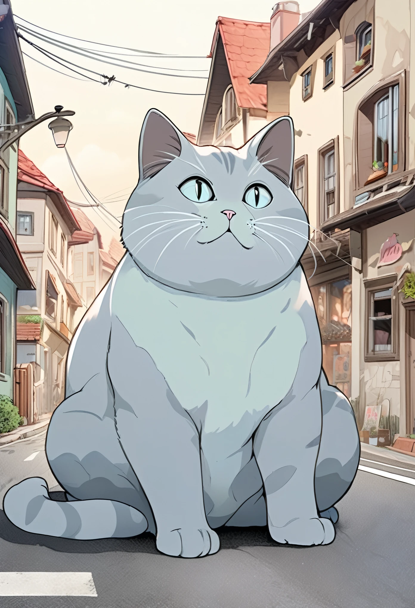 cute plump giant cat hybrid, sitting on the road and causing a big nuisance, small town background, small model, cat is bigger than the town, fantasy art, 2.5D, delicate and dynamic, cute rough pastel drawing effects