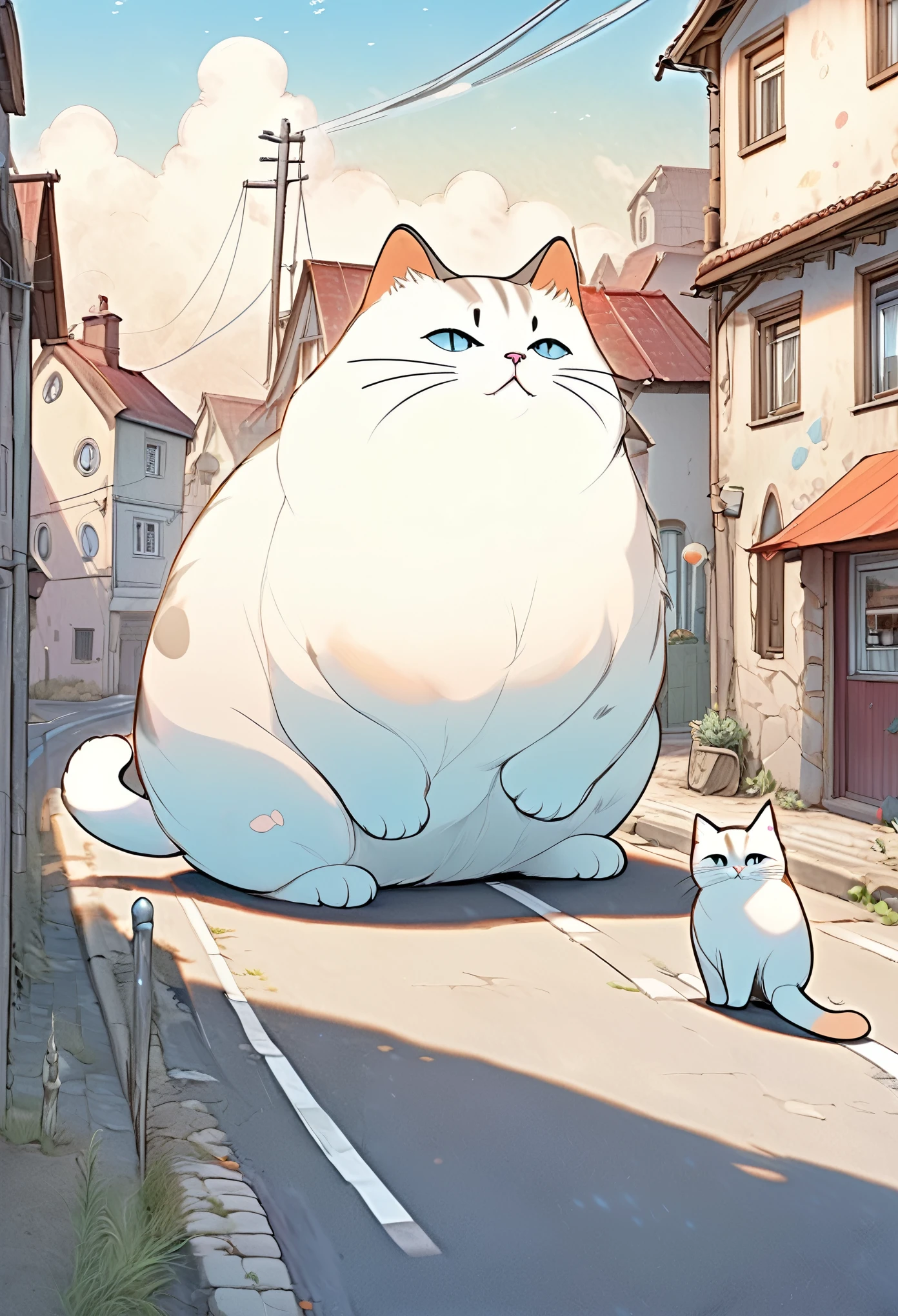 plump giant cat hybrid, sitting on the road and causing a big nuisance, small town background, small model, cat is bigger than the town, fantasy art, 2.5D, delicate and dynamic, cute rough pastel drawing effects
